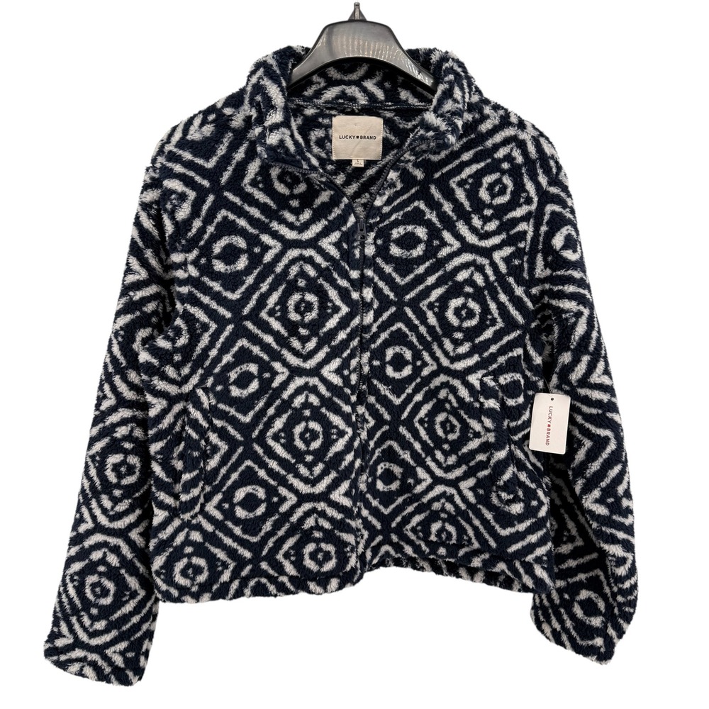 NEW Lucky Brand Faux Fur Geo Print Jacket Womens Large Full Zip Blue White Cozy - Picture 2 of 10